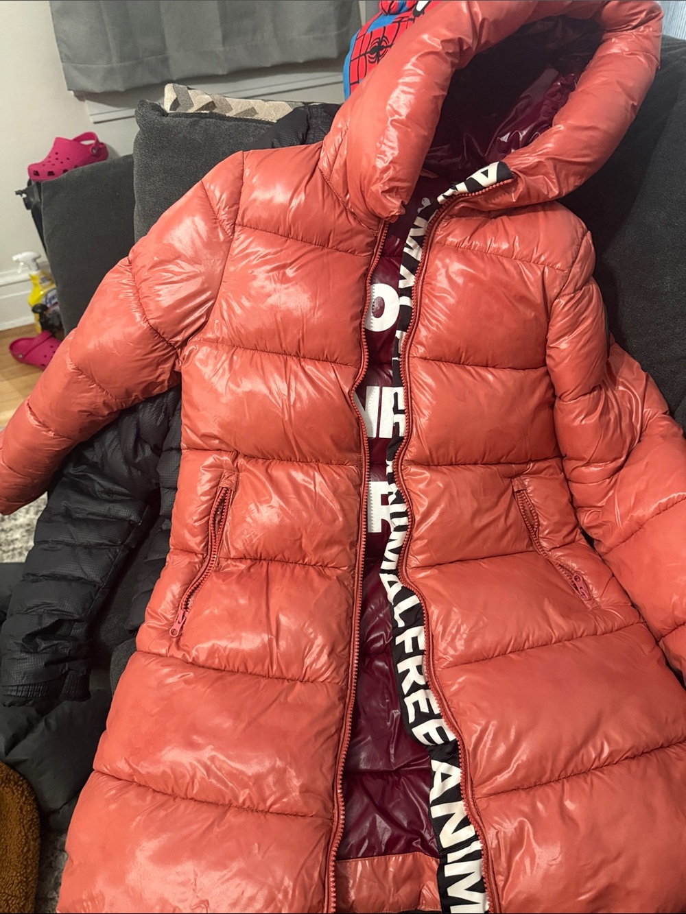 SAVE THE DUCK Coral Pink Long Puffer Coat with Hood